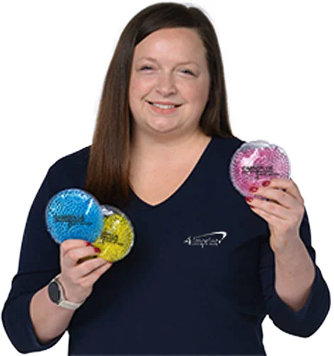 4imprint employee Callie holding the Round Aqua Pearls Hot and Cold Pack